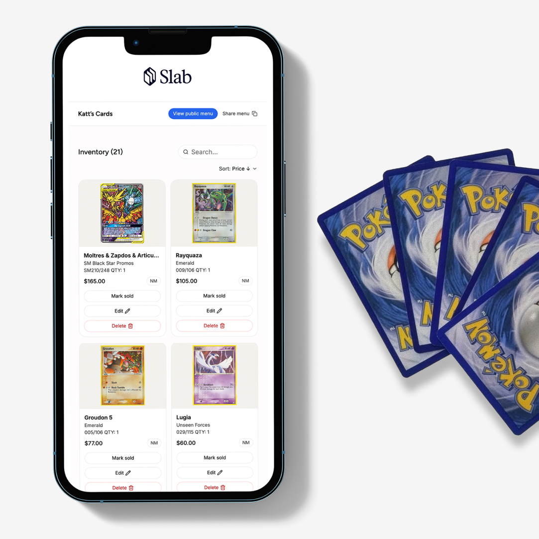 Seller dashboard inventory shown on phone with Pokémon cards